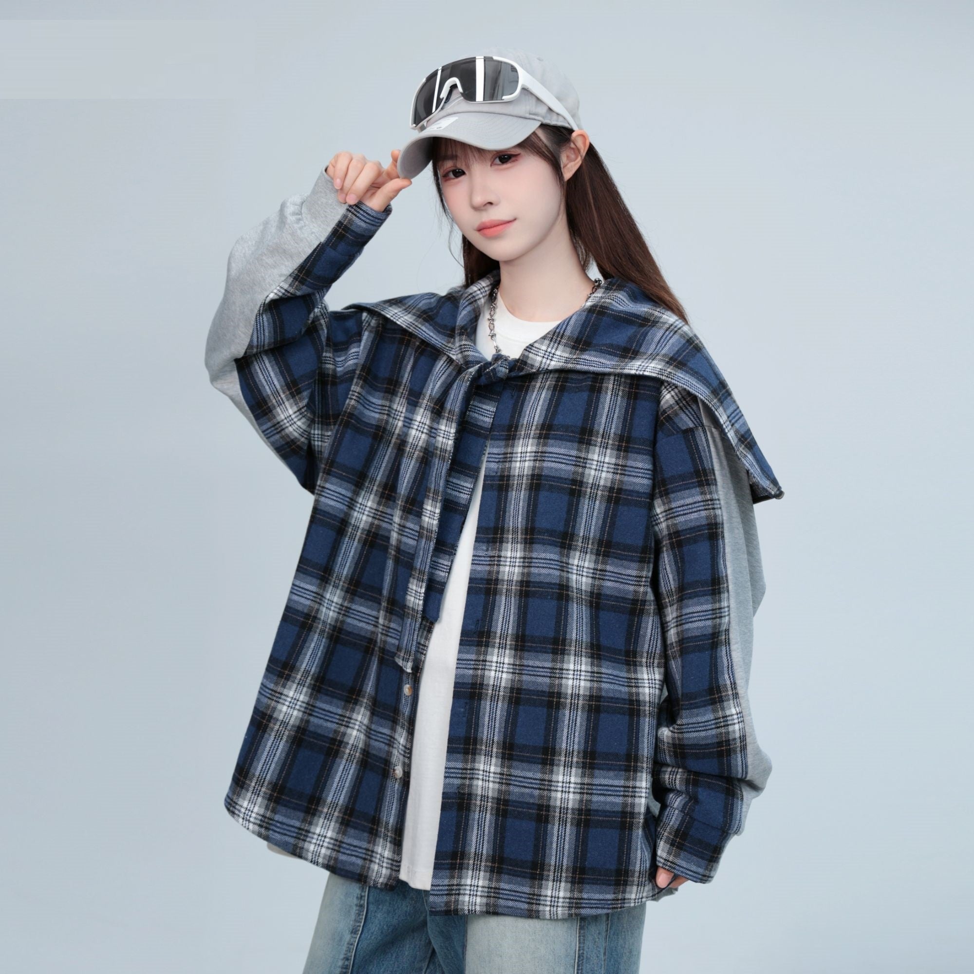 Plaid Stitching Gray Rayon Hooded Cape Shirt