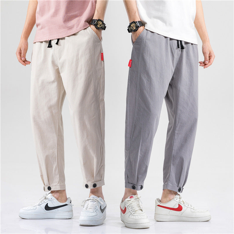 Men's Straight Casual Loose Cotton And Linen Cropped Pants