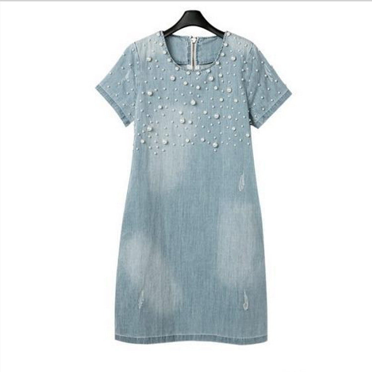 Summer new European and American large size women's washed beaded loose short-sleeved denim dress