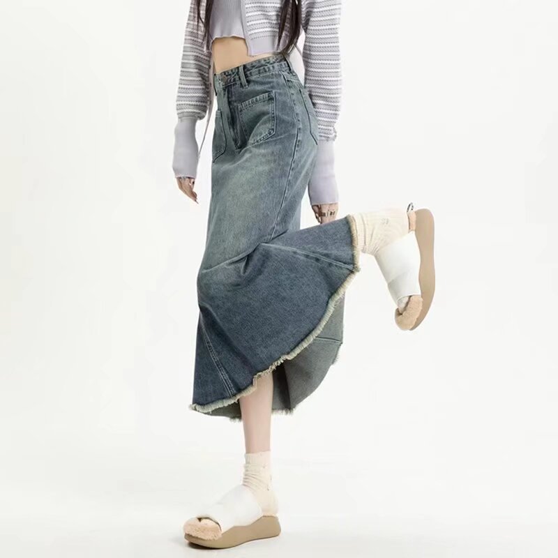 Women's Fashion Retro Raw Edge Denim Skirt