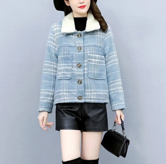 Women's Temperament Tweed And Velvet Thick Plaid Jacket