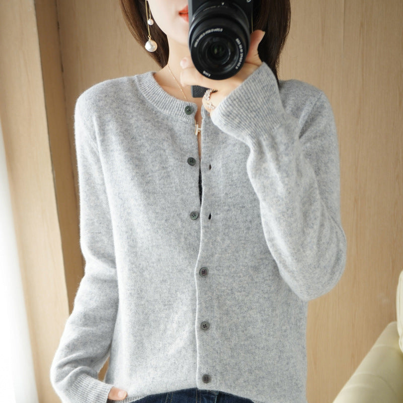 Backed Round Neck Knitted Cardigan Coat For Women