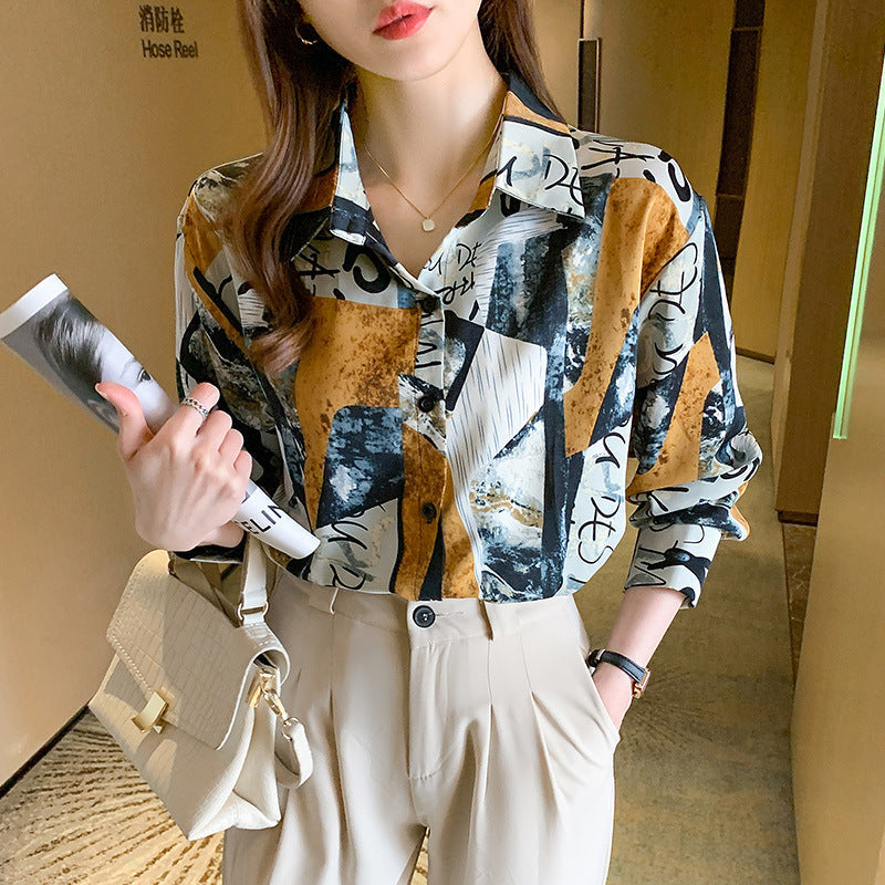 Printed Long-sleeved Shirt Women Loose Design Blouse
