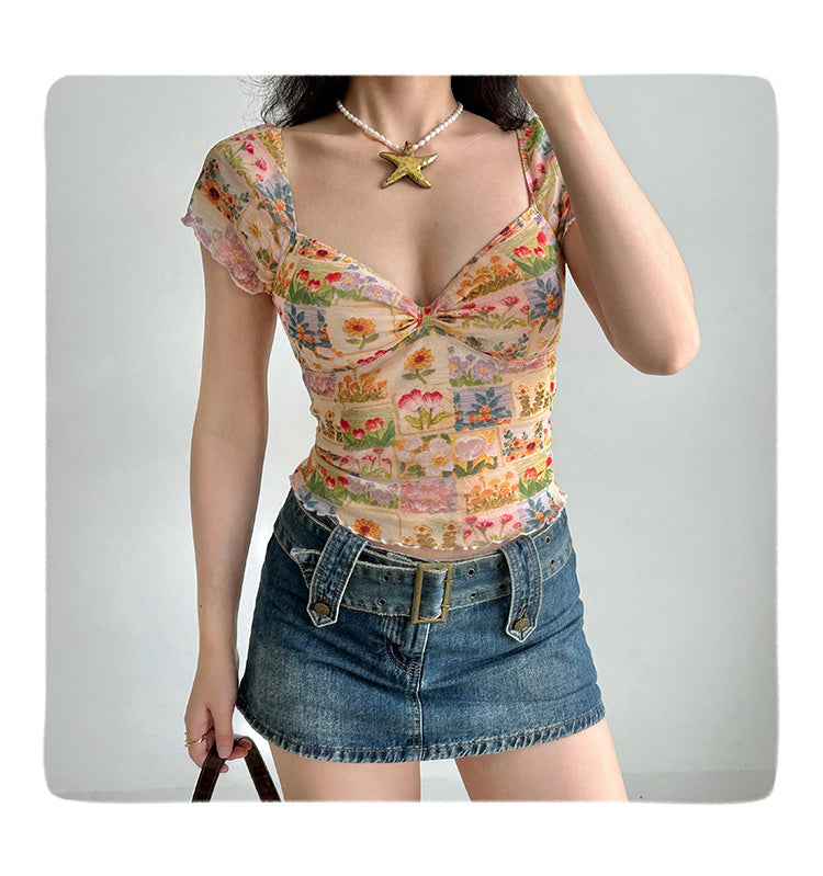 Oil Painting Flower Printed V-neck T-shirt Women's Mesh Short Sleeve Top