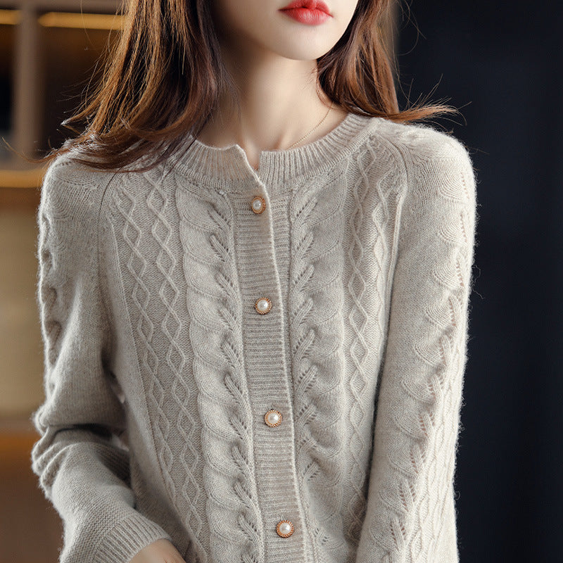 Round Neck Pure Wool Knit Cardigan Women's Long Sleeve Casual Simple