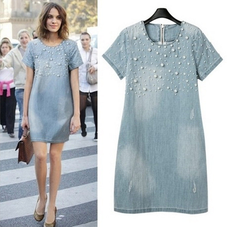 Summer new European and American large size women's washed beaded loose short-sleeved denim dress