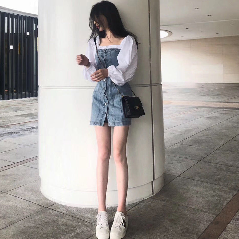 Fake two-piece stitching denim dress