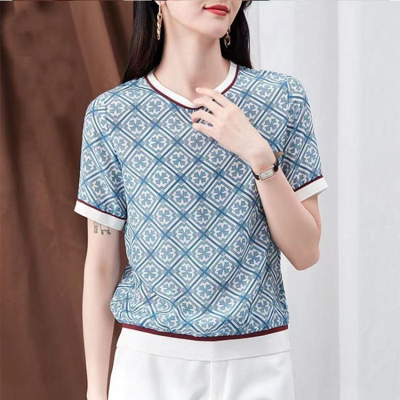 Artificial Silk Loose Slimming Ice Silk Top Printed Chiffon Shirt Fashionable Temperament Short Sleeve T-shirt