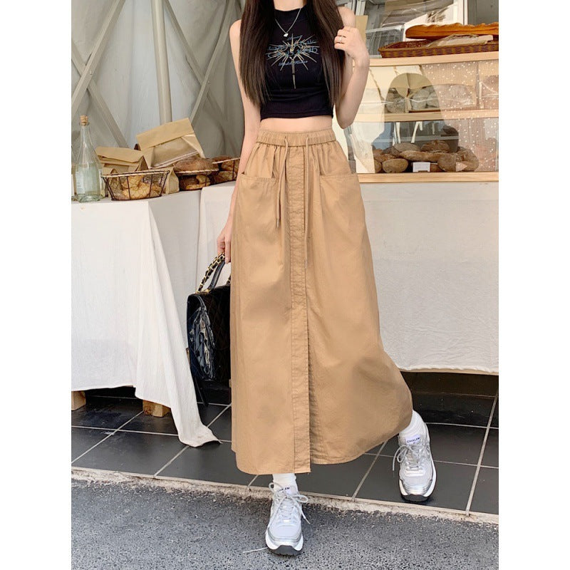 Women's Korean Style Sense Of Design Washed Cotton Midi Skirt