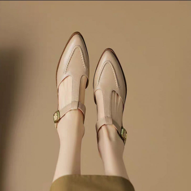 Women's Soft Leather Pointed Sandals New Summer Closed Toe Chunky Heel