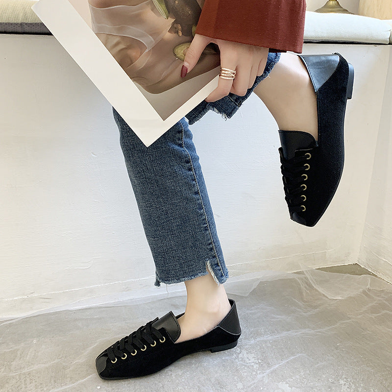 One-legged Peas Shoes Square Toe All-match Shallow Mouth Flat Single Shoes Women