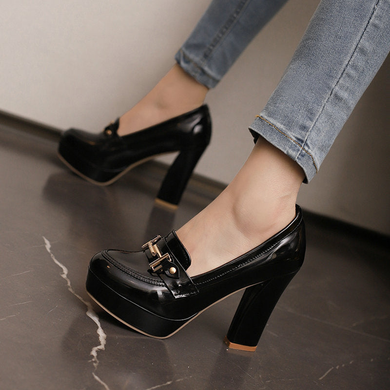 Round Toe Waterproof Platform Chunky Heel High Heel Leather Shoes