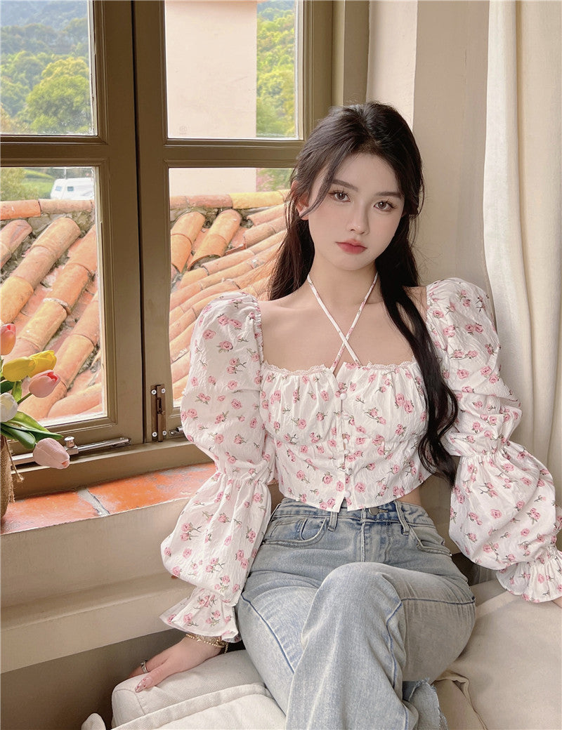 Women's Summer Short White Floral Square Collar Shirt