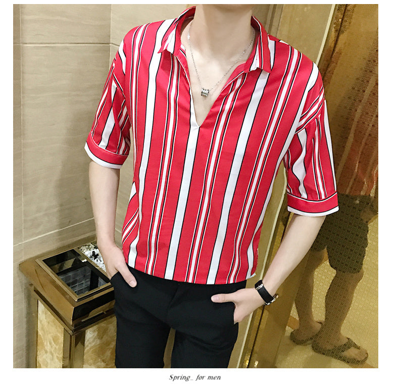 Slim-fit striped five-point sleeve men's shirt