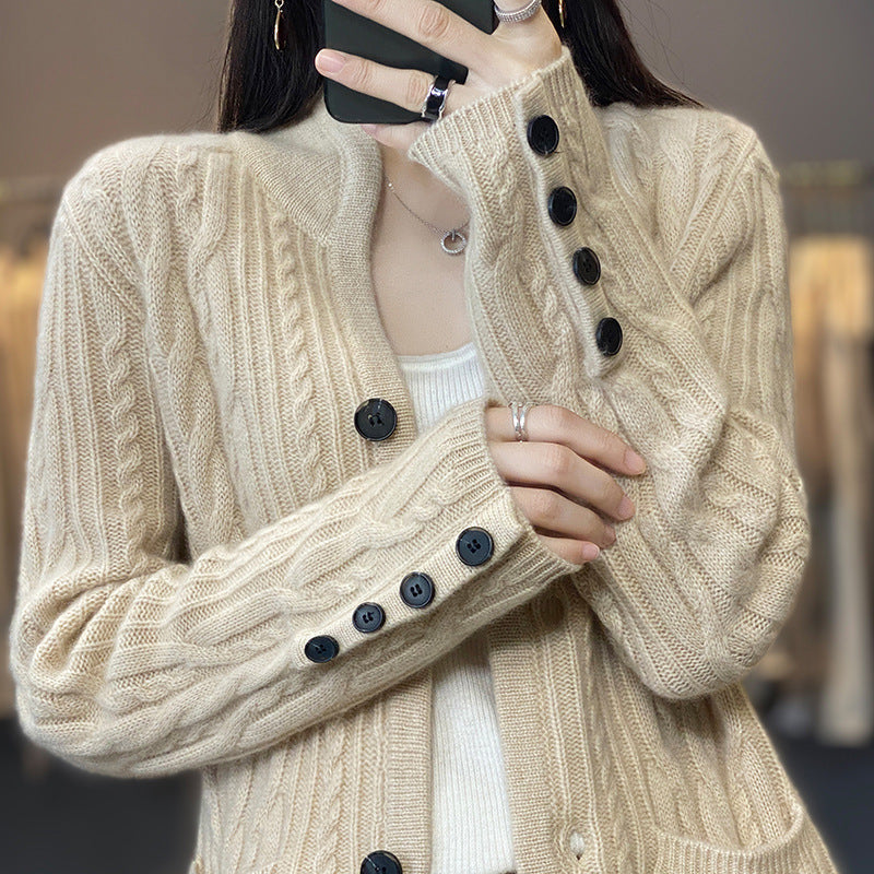 Pure Wool Cardigan Women's Stand Collar Outer Sweater Loose Knitted Coat