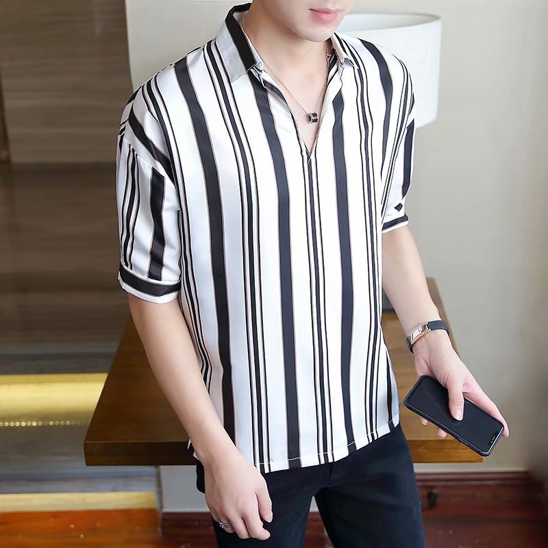 Slim-fit striped five-point sleeve men's shirt