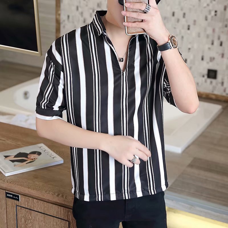 Slim-fit striped five-point sleeve men's shirt