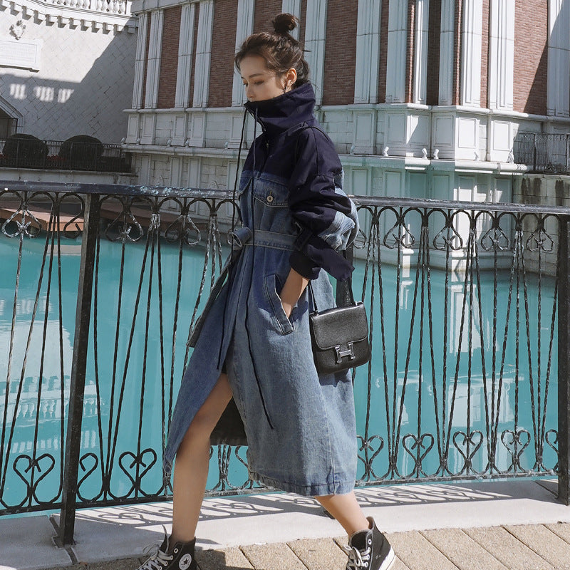 Fashion long denim patchwork dress windbreaker