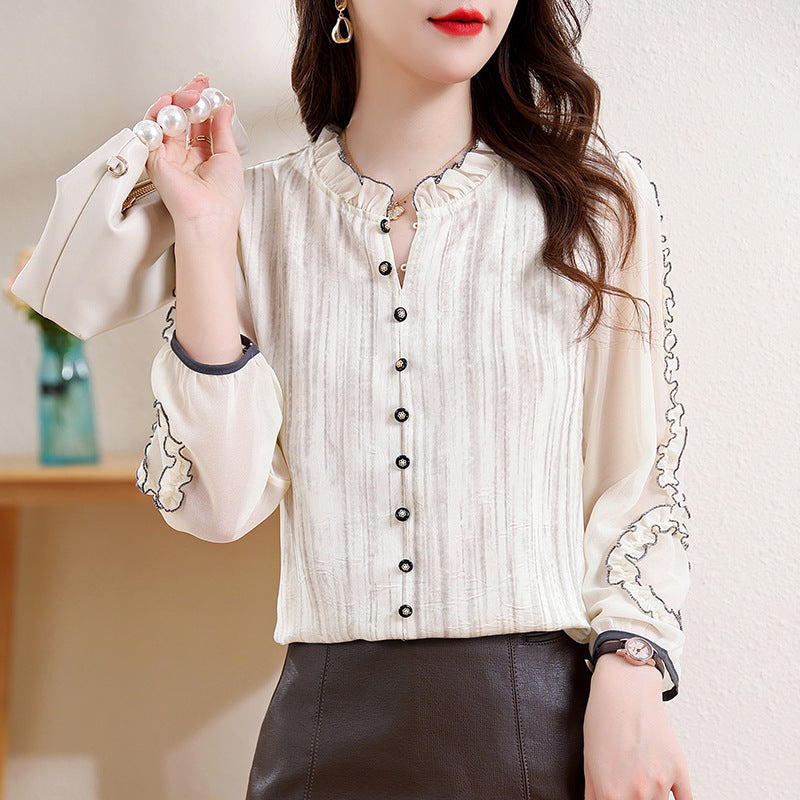 Women's Sleeved Acetate Jacquard Top With Wooden Ear Collar Plate