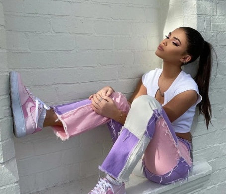 High-rise colorblock slim-fit straight-leg jeans