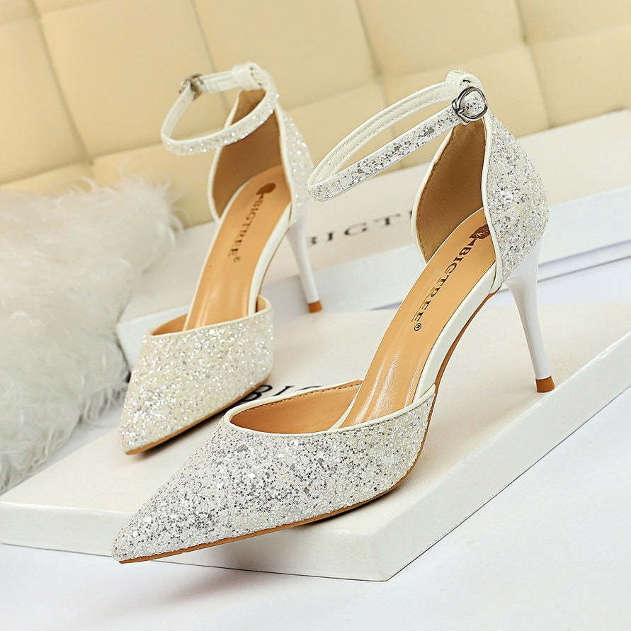 European and American style stiletto high-heeled shallow mouth pointed toe hollow sequin sexy nightclub slimming word with female sandals