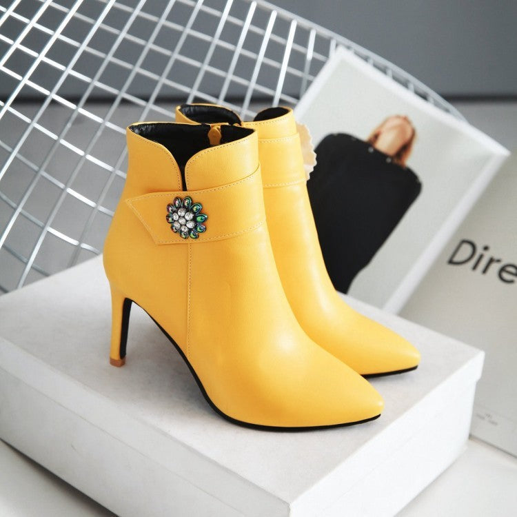 Pointed stiletto heel boots with rhinestone side zip