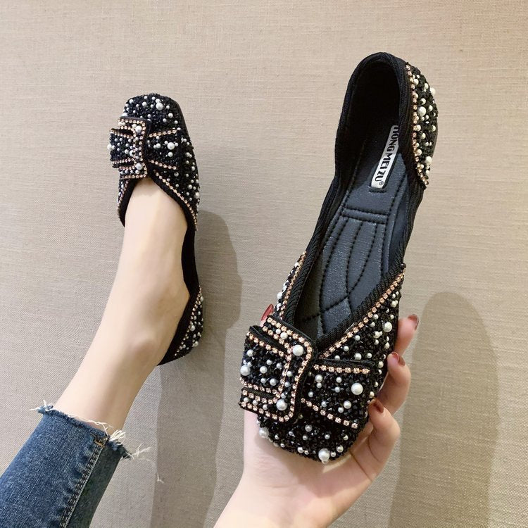 Flat set foot rhinestone scoop shoes