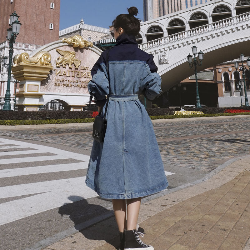 Fashion long denim patchwork dress windbreaker