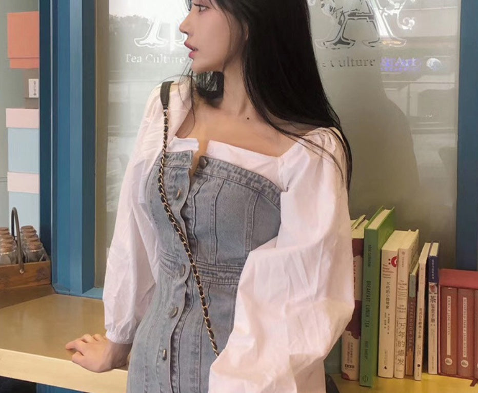 Fake two-piece stitching denim dress