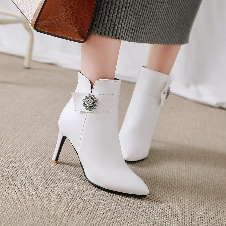 Pointed stiletto heel boots with rhinestone side zip