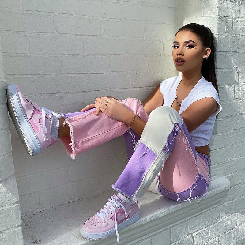 High-rise colorblock slim-fit straight-leg jeans