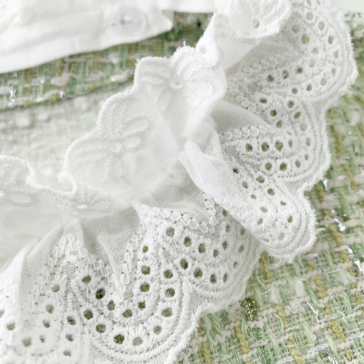 Light Green Tweed Glossy Lace Collar Jacket