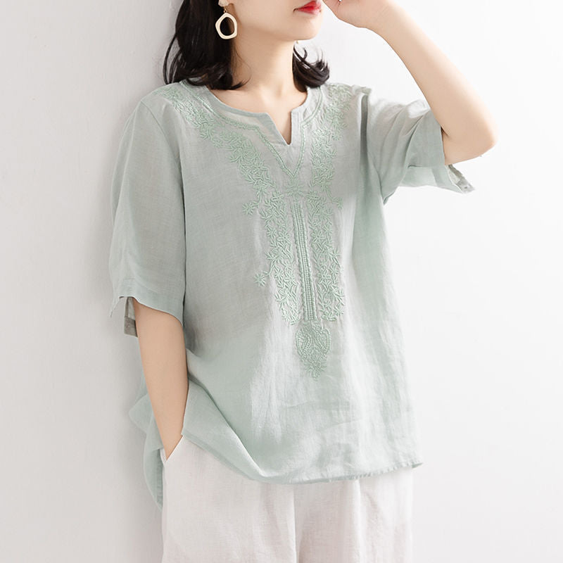 Women's V-neck Summer Cotton And Linen Shirt Women's Art Loose Embroidery