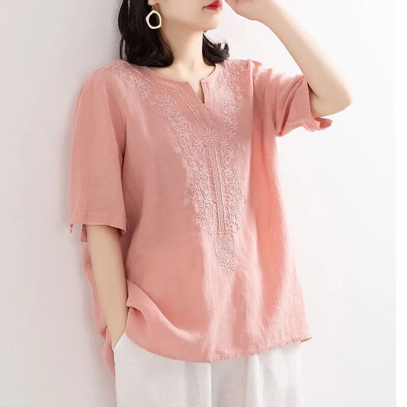 Women's V-neck Summer Cotton And Linen Shirt Women's Art Loose Embroidery