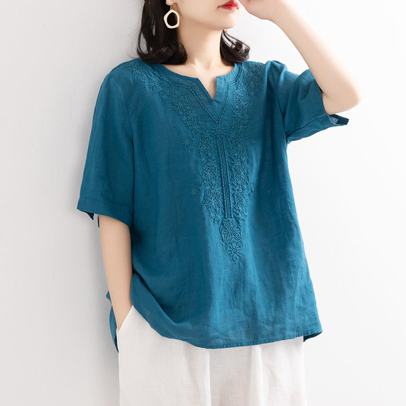 Women's V-neck Summer Cotton And Linen Shirt Women's Art Loose Embroidery