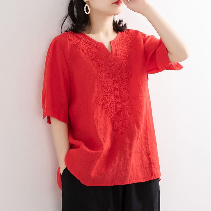 Women's V-neck Summer Cotton And Linen Shirt Women's Art Loose Embroidery