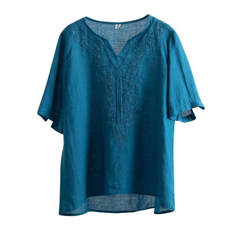 Women's V-neck Summer Cotton And Linen Shirt Women's Art Loose Embroidery