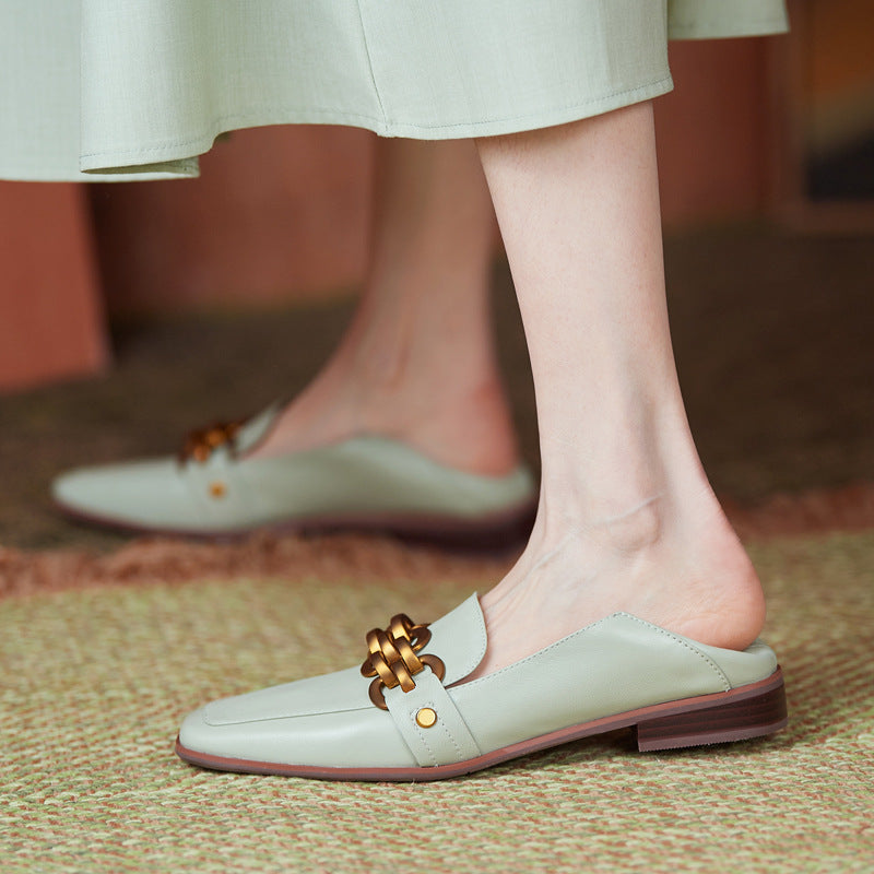 Flat Shoes With Square Toe Metal Buckle