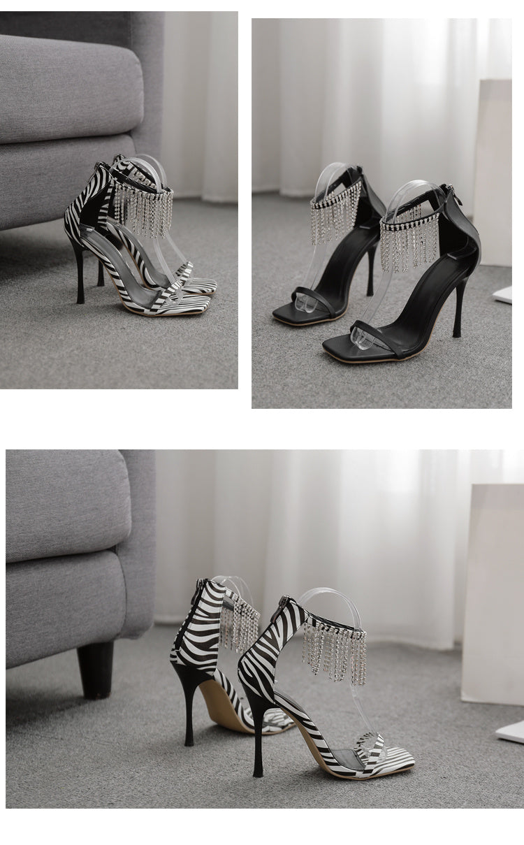 Sexy Fringed Rhinestone Square Toe Stiletto Heel Sandals