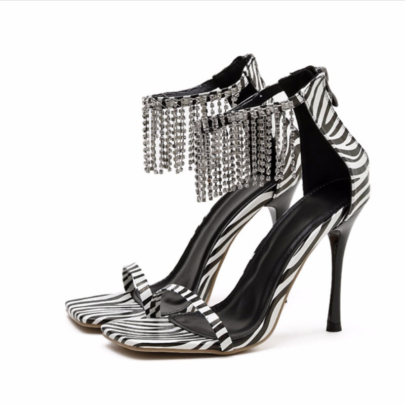 Sexy Fringed Rhinestone Square Toe Stiletto Heel Sandals