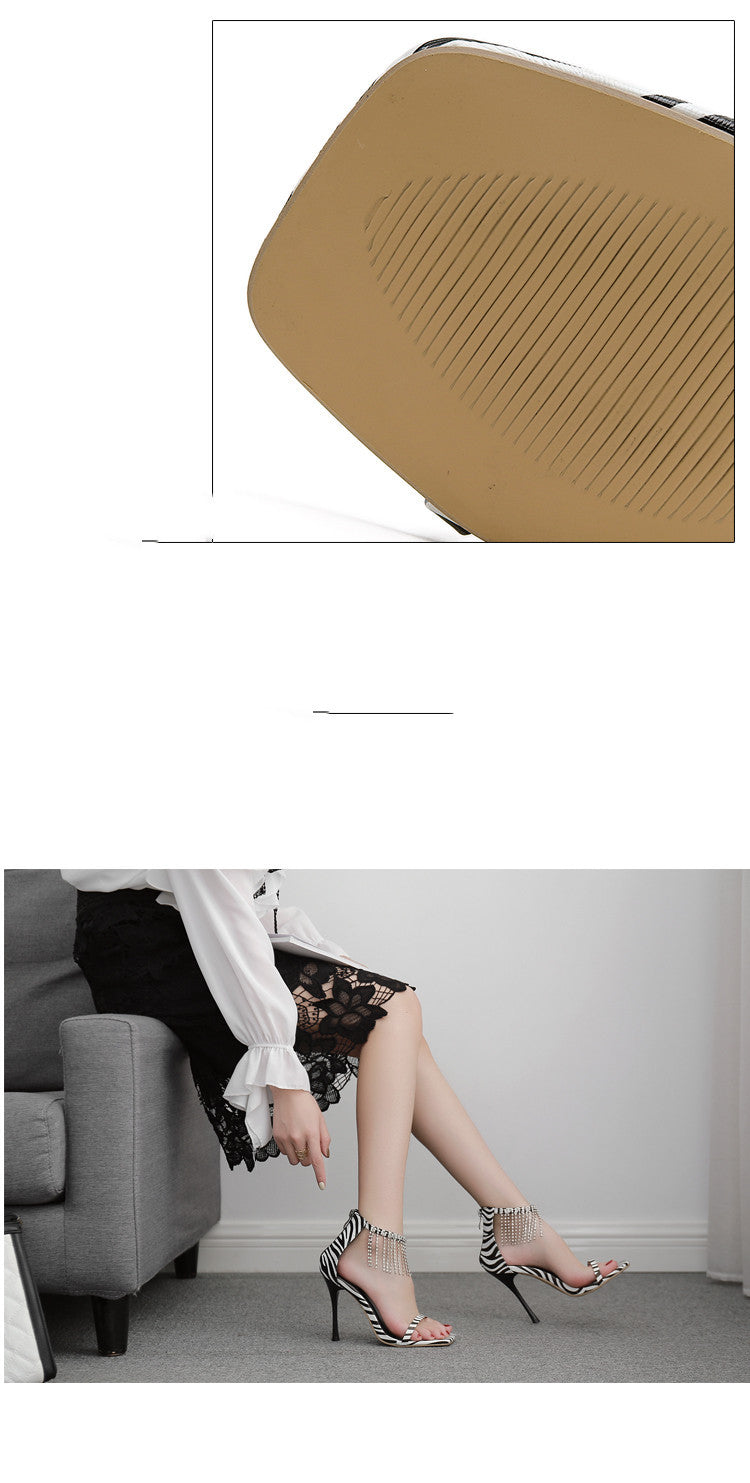 Sexy Fringed Rhinestone Square Toe Stiletto Heel Sandals