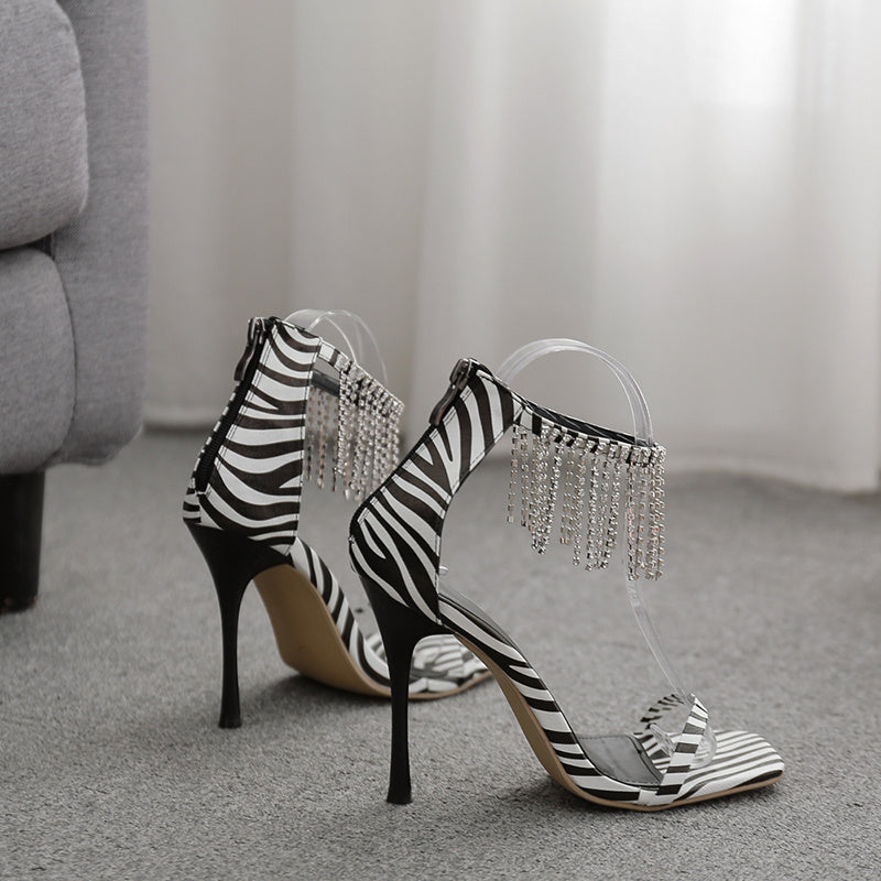 Sexy Fringed Rhinestone Square Toe Stiletto Heel Sandals