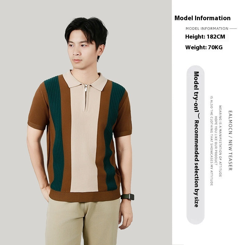 Men's Summer Contrast Color Striped Stitching Advanced Knitted T-shirt