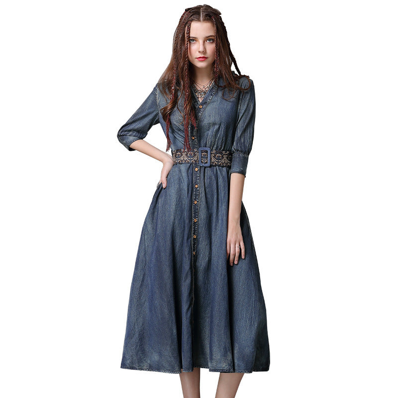 Embroidered Belt Waist Mid-Length Irregular Denim Skirt Spring New Slim Dress With Sleeves