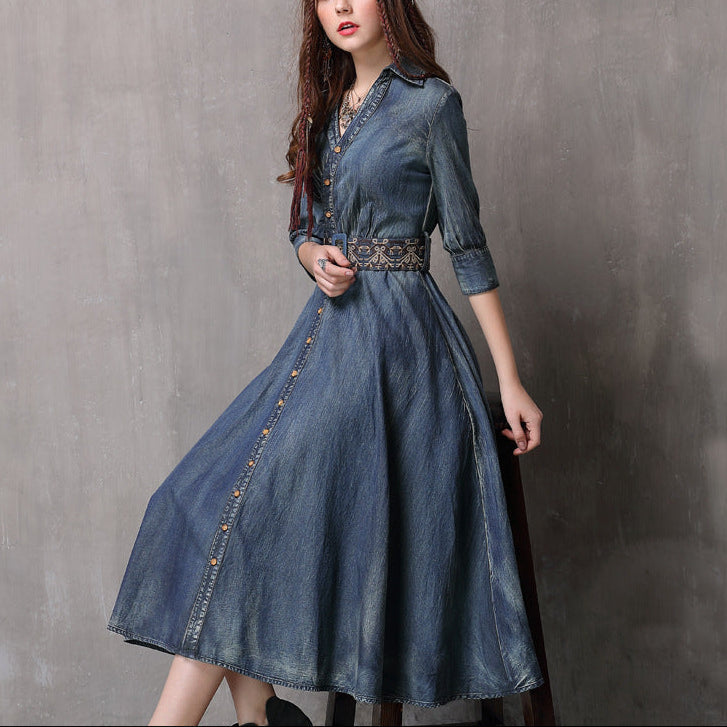 Embroidered Belt Waist Mid-Length Irregular Denim Skirt Spring New Slim Dress With Sleeves