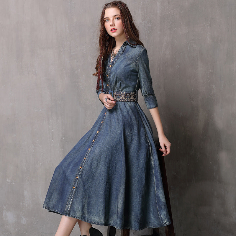 Embroidered Belt Waist Mid-Length Irregular Denim Skirt Spring New Slim Dress With Sleeves