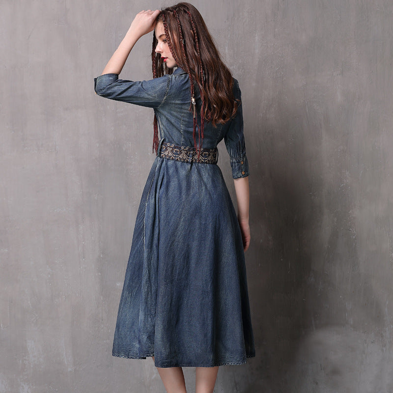 Embroidered Belt Waist Mid-Length Irregular Denim Skirt Spring New Slim Dress With Sleeves