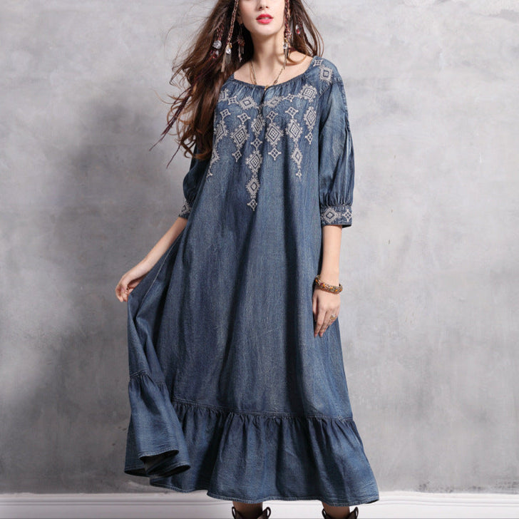 Loose Denim Skirt Long Skirt Retro Embroidered Ruffle Dress