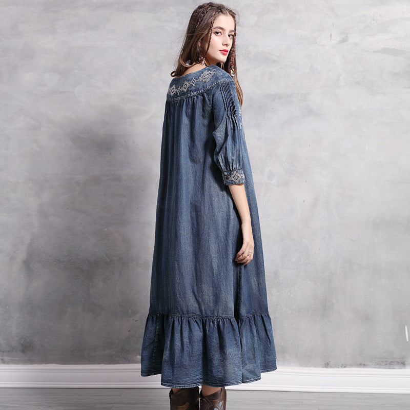 Loose Denim Skirt Long Skirt Retro Embroidered Ruffle Dress