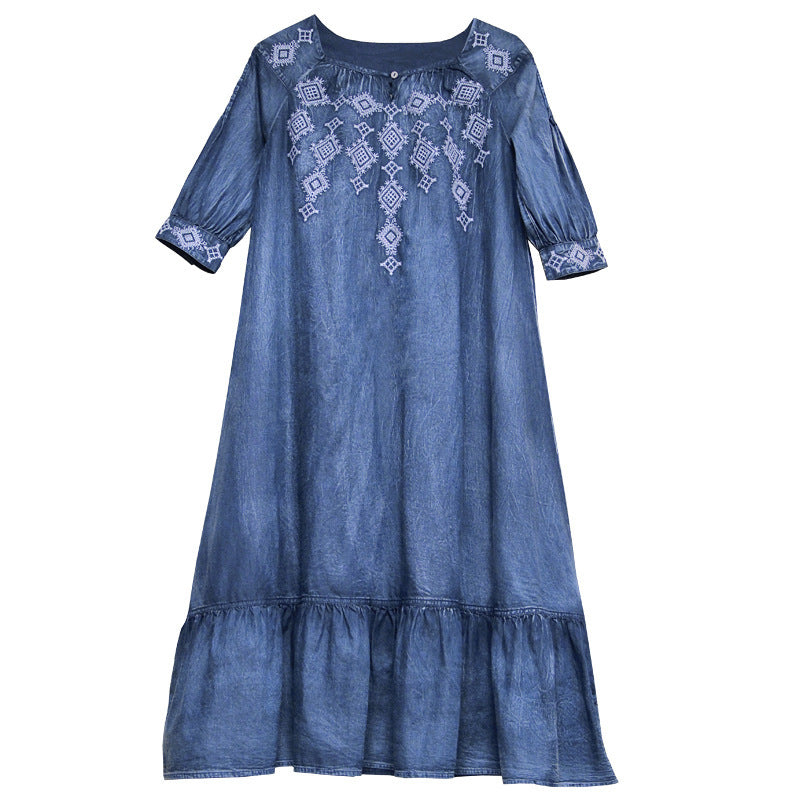 Loose Denim Skirt Long Skirt Retro Embroidered Ruffle Dress